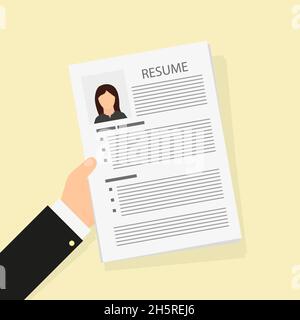 Flat resume in hand, work business document, design vector illustration Stock Vector