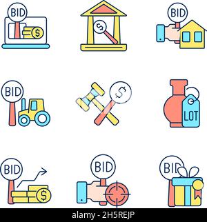 Types of bargaining RGB color icons set Stock Vector