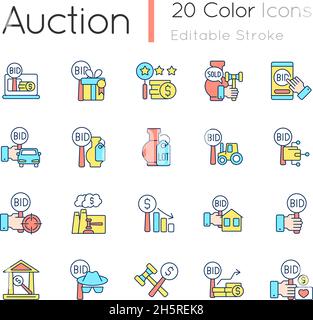 Auction RGB color icons set Stock Vector