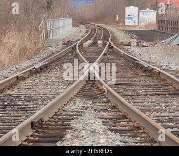 View of the railway tracks junction. Stock Photo