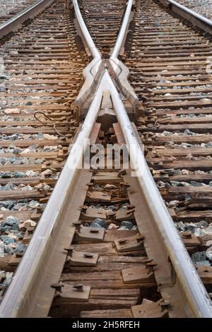 Vertical closeup of the railway tracks. Stock Photo