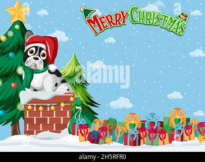Merry Christmas banner with French bulldog illustration Stock Vector