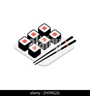 Sushi flat in japanese style on red background. Restaurant menu. Isometric vector illustration. Stock Vector