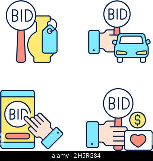 Auction items RGB color icons set Stock Vector