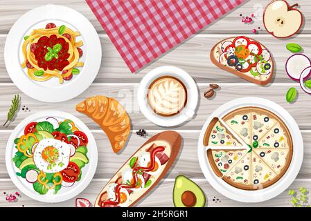 Different plates of food on the table  illustration Stock Vector