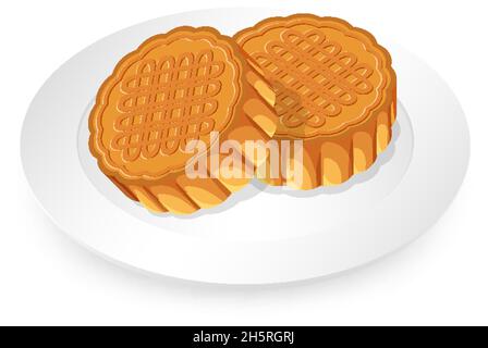 Mooncakes on white plate on white background illustration Stock Vector