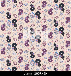 Seamless pattern with violin and french horn. Texture with classical music symbols in flat style. Stock Vector