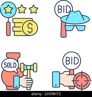 Auction components RGB color icons set Stock Vector