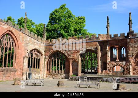 View inside the ruins of the old Cathedral, Coventry, West Midlands, England, UK, Western Europe. Stock Photo