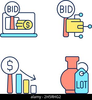 Electronic auctioning RGB color icons set Stock Vector