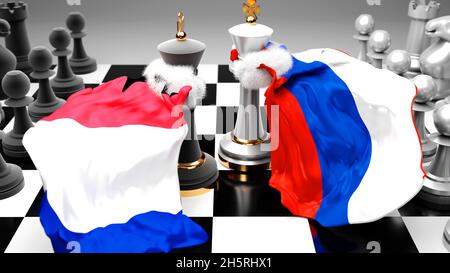 France Russia crisis, clash, conflict and debate between those two countries that aims at a trade deal or dominance symbolized by a chess game with na Stock Photo