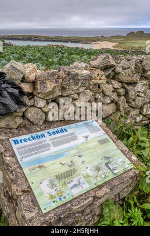 An information board with tourist information at Breckon Sands, Yell, Shetland.