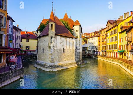 View of the  Palace of the Isle (Palais d Isle) in Annecy Old Town. The Haute-Savoie department in the Auvergne-Rhône-Alpes region of France. The Cast Stock Photo