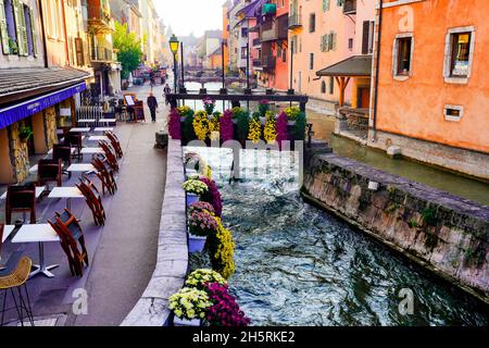 View of  Annecy Old Town. The Haute-Savoie department in the Auvergne-Rhône-Alpes region of France. The Castle takes the form of a ship on the Thiou C Stock Photo