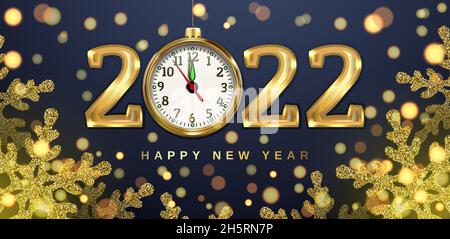 Christmas banner with clock, snowflakes and numbers 2022. Gold glitter and bright bokeh. Realistic illustration on a black background. vector. Stock Vector
