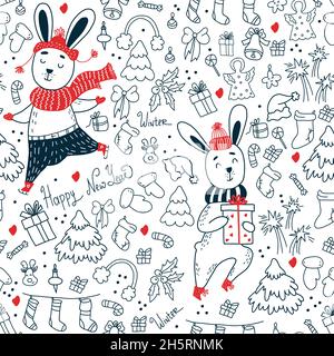 Christmas seamless pattern. Cute hares in winter clothes with gifts on white background with New Years Linear decor, Christmas trees, sweets and socks Stock Vector