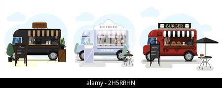 Set of vector food trucks with coffee, burlers and ice cream. Vector flat illustration of a fast food place on wheels with a striped awning and an Stock Vector