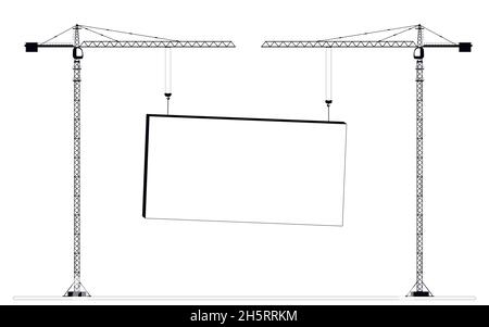 Two tall construction cranes are lifting an empty building block. Concept. Copy space. Flat vector illustration. Stock Vector