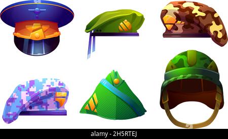 Military caps for soldier and officers. Headdresses of camouflage and army uniform. Vector cartoon set of military hats, helmet and berets with golden insignia isolated on white background Stock Vector