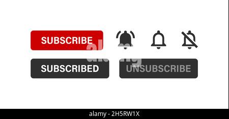Subscribe button with bell icon for social media content, vector. Play video notification in flat style. Modern illustration Stock Vector