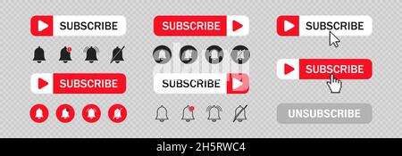Subscribe set button for social media.  Video play and notification icons.  Flat subscribe for concept web design. Isolated vector illustration. Stock Vector