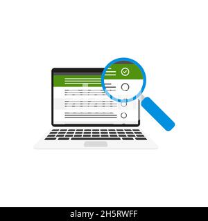 laptop check list document under a magnifying glass. Flat vector illustration for web design. Stock Vector