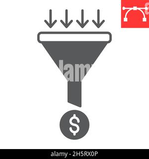 Sales funnel glyph icon, dollar sign and money, sales funnel vector icon, vector graphics, editable stroke solid sign, eps 10. Stock Vector