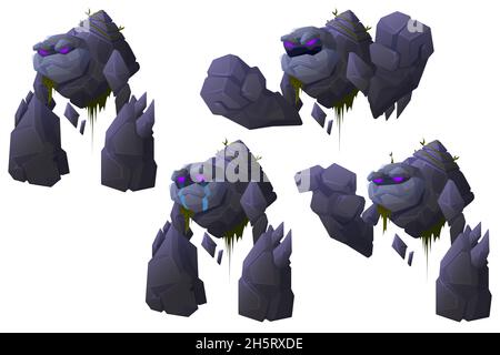Golem cartoon character, stone monster, mythical creature with strong hands, glowing eyes and rocky body covered with moss. Fairy tale personage isolated on white background, vector illustration, set Stock Vector