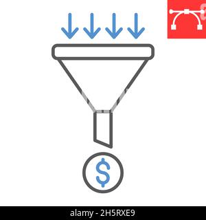 Sales funnel line icon, dollar sign and money, sales funnel vector icon, vector graphics, editable stroke outline sign, eps 10. Stock Vector