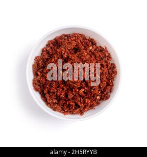 spicy maldives fish chips or flakes condiment, made with chili peppers, tomato, ginger, garlic and salt, fresh food in a cup or bowl, taken from above Stock Photo