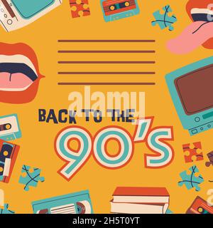 Back to the 90s. Video and audio cassettes, TV with VCR, vinyl records. Vector multicolor background for poster or invitation. Stock Vector