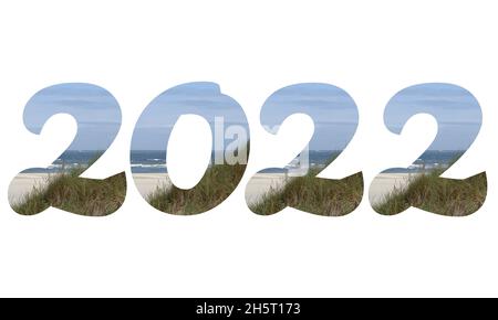 2022 text for the new year, text with numbers made from a landscape with beach, sea, blue sky and dunes, isolated on a white background Stock Photo
