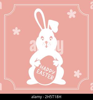 Easter bunny holding Easter egg on pink background. Easter card vector illustration Stock Vector