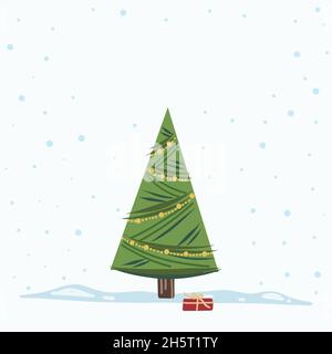 Vector Christmas Tree Isolated from Background. Snow Falling in Holiday Season Xmas and new year graphic template. Modern Tannenbaum tree decorated wi Stock Vector