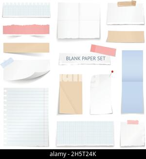 Blank school notebook page strips graph paper notes with shadow curled edge effect realistic samples collection vector illustration Stock Vector