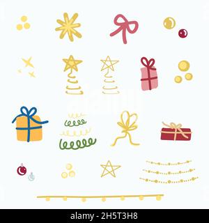 Christmas tree decoration ornaments. Decorative Elements to put on xmas tree. Bulbs Fairy lights stars candy cane gifts bells. Doodle Style Christmas Stock Vector