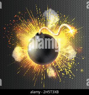 Boom little round bomb exploding with festive light clouds against black background icon print abstract vector illustration Stock Vector