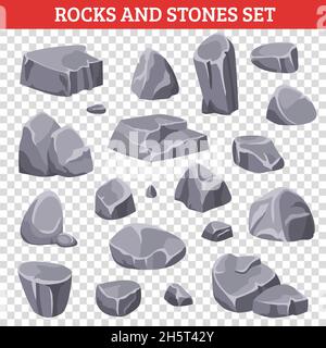Big and small gray rocks and stones mountain set on transparent background isolated vector illustration Stock Vector