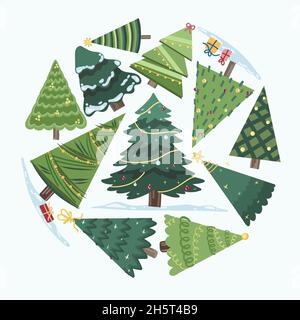 Vector Christmas Tree Collage Pack. Snow Falling in Holiday Season Xmas and new year graphic template. Modern Tannenbaum tree decorated with lights an Stock Vector
