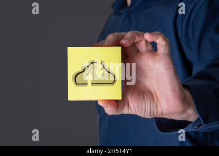 Businessman hand holding cloud computing online connecting to big data analytics. Block chain network technology and intelligence data storage develop Stock Photo