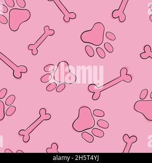 Paws and Bones doodle seamless pattern. Digital Illustration Background. Stock Vector