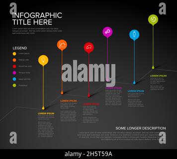 Colorful vector infographic timeline report template with  droplet bubbles pins on simple stairs - dark version with six fresh color pins on black bac Stock Vector