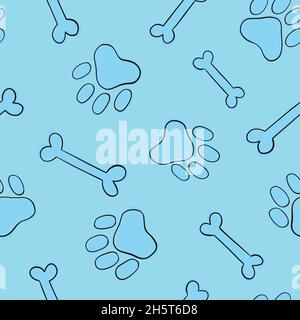 Paws and Bones doodle seamless pattern. Digital Illustration Background. Stock Vector