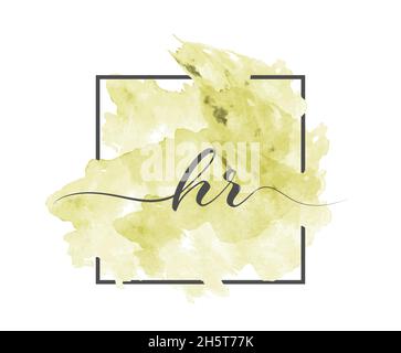 calligraphic lowercase letters H and R are written in a solid line on a colored background in a frame. Simple Style Stock Vector