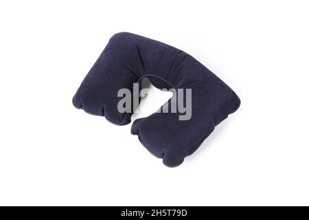 Neck Pillow isolated on white background. Blue u shape travel pillow. Top view of airplane or road inflatable device for long way trips to support you Stock Photo