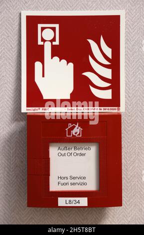 Cracow. Krakow. Poland.Fire alarm device on the wall inside the building indicating "Out of order". Stock Photo