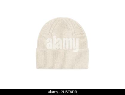 White knitted winter hat isolated on white background. Warm Woolen hat. Close shot of cold weather winter handmade knitting clothes Stock Photo