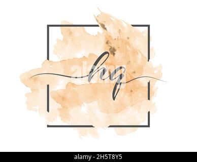 calligraphic lowercase letters H and Q are written in a solid line on a colored background in a frame. Simple Style Stock Vector