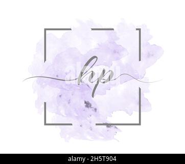 calligraphic lowercase letters H and P are written in a solid line on a colored background in a frame. Simple Style Stock Vector
