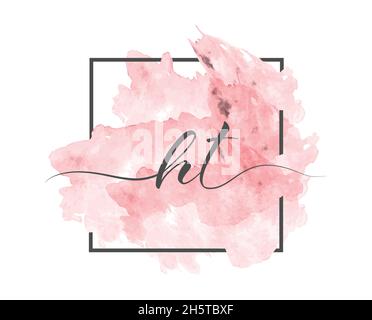 calligraphic lowercase letters H and T are written in a solid line on a colored background in a frame. Simple Style Stock Vector